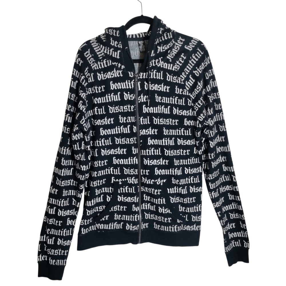 Beautiful Disaster All Over Print Zip Up Hoodie Black White Gothic Script 1X